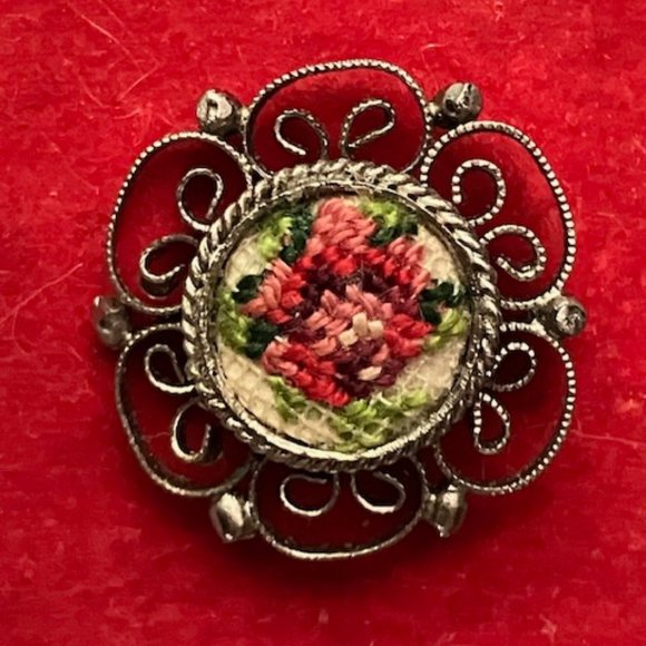 Vintage Pair of Petit Point Hand Embroidered Stud Earrings - Picture 3 of 7